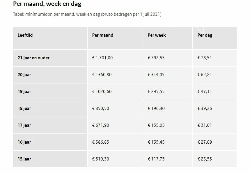 Минимальная зарплата в Нидерландах на июль 2021 года (за месяц, неделю, день)