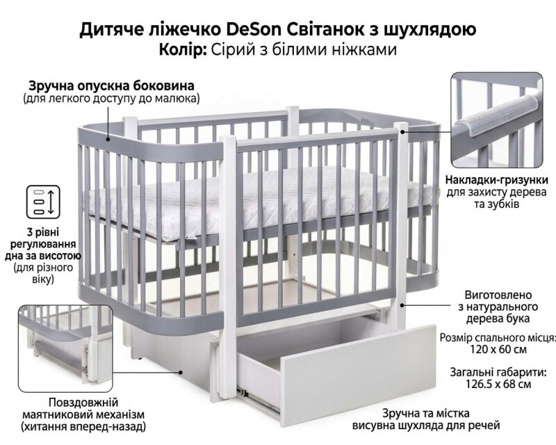 Дитяче ліжечко DeSon Світанок з шухлядою сірий з білими ніжками та повздовжнім маятником - Изображение 5
