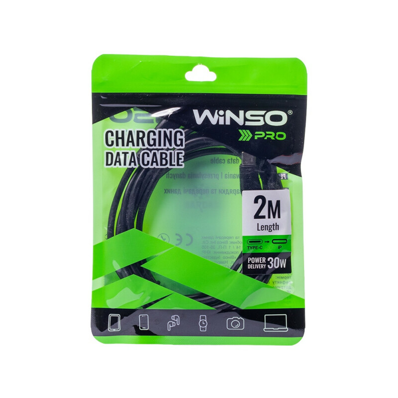 Кабель Winso Pro Type-C to Lightning 30W 2м, PVC, черный, ZIP 221204B (200)