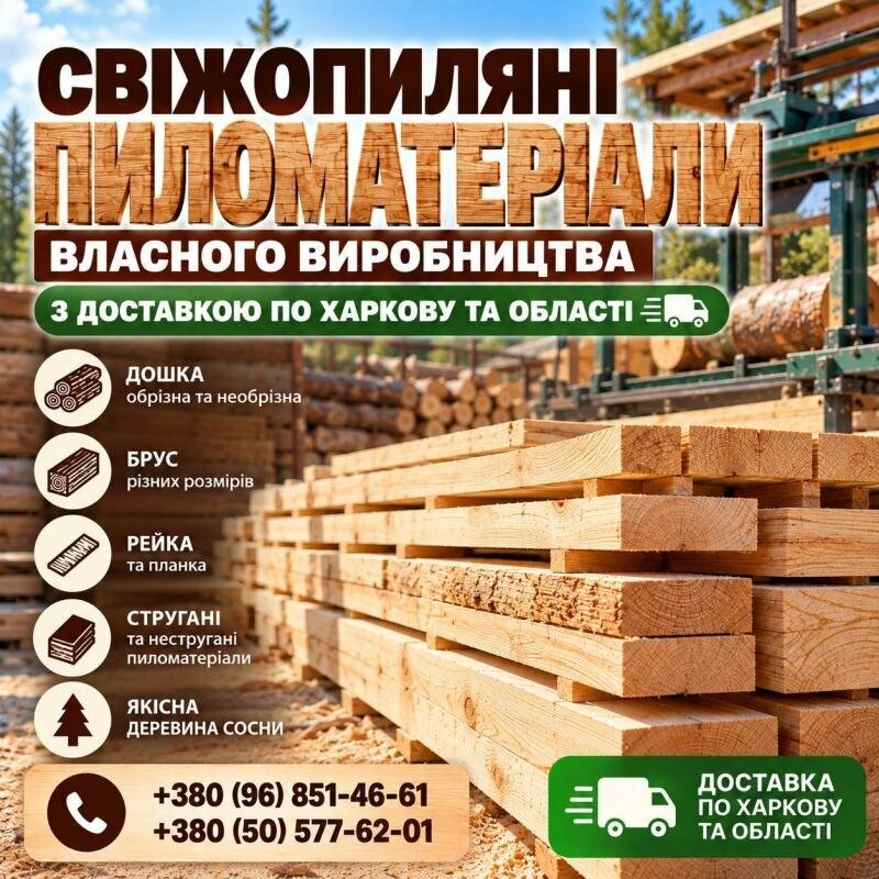 Свіжопиляні пиломатеріали власного виробництва з доставкою по Харкову та області