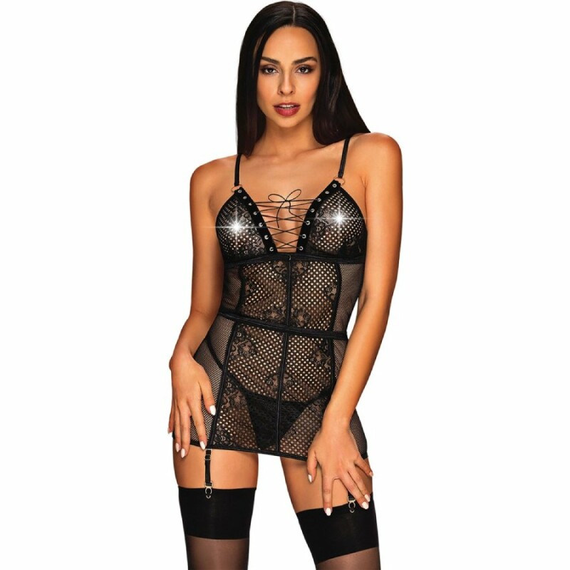 Сорочка в сітку Obsessive Basitta, S/M, зі шнурівкою, чорна - Изображение 3