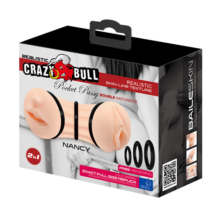 Мастурбатор двосторонній Crazy Bull Nancy вагіна та рот, з кільцями, бежевий, 17.5 х 6.5 см - Изображение 7