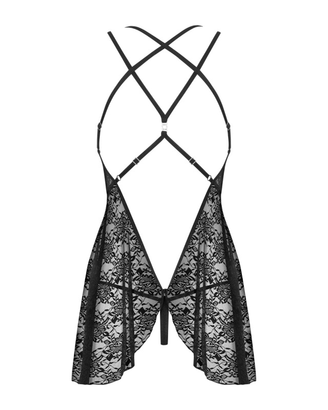 Сексуальний пеньюар Obsessive 860-BAB-1, S/M, мереживний, зі стрінгами, чорні - Изображение 7