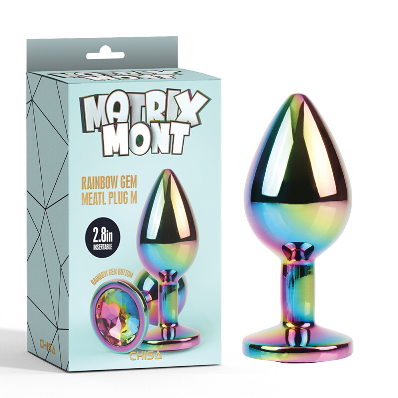 Анальна пробка M з кристалом Rainbow Gem Chisa, металева, різнокольорова, 8.2 х 3.3 см