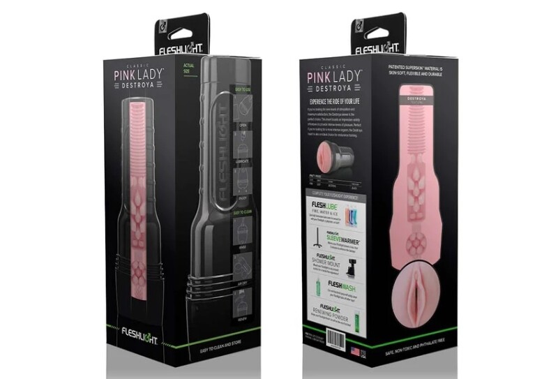 Мастурбатор вагіна в колбі Pink Lady Destroya Fleshlight, рельєфний, кібершкіра, бежевий, 25.4 х 10 см - Зображення 1