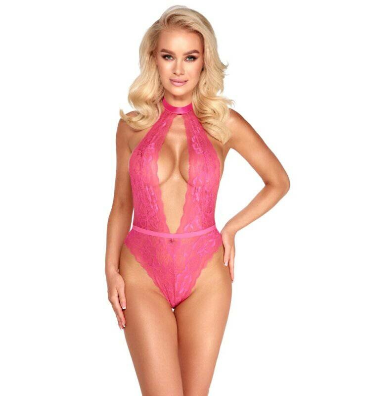 Сексуальне мереживне боді з глибоким декольте, L/XL, Kissable рожеве