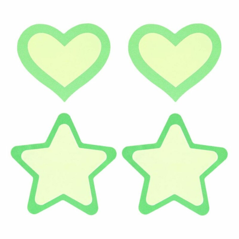 Наклейки на соски, що світяться в темряві, Peekaboo Pasties Glow In The Dark Hearts And Stars, зелені, 2 пари - Зображення 1