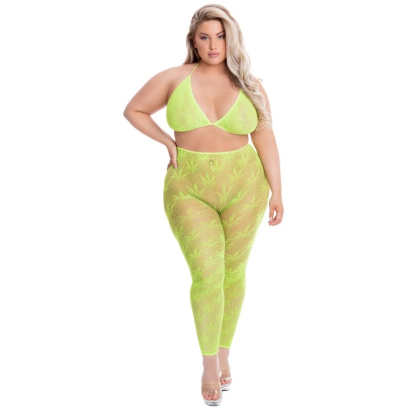 Комплект Pink Lipstick All About Leaf бюстгалтер та легінси в сіточку, зелений, Plus Size - Изображение 2