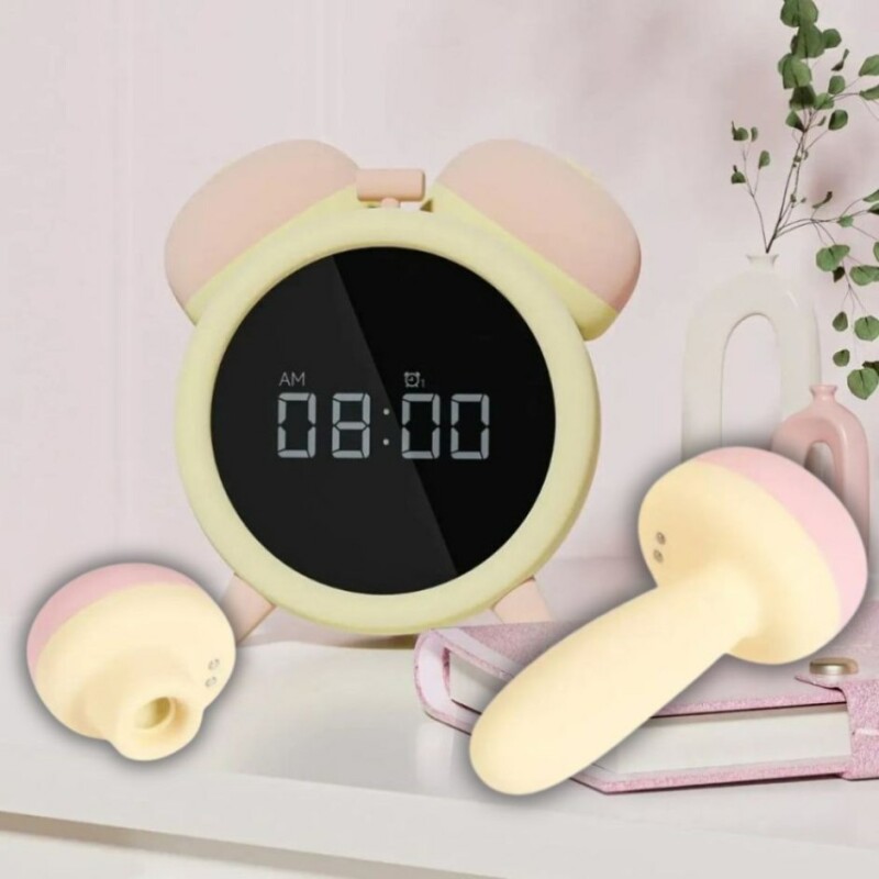 Вібратор-будильник BeYourLover Adult Clock з функцією смоктання, з додатком, жовто-рожевий, 8 х 6 см