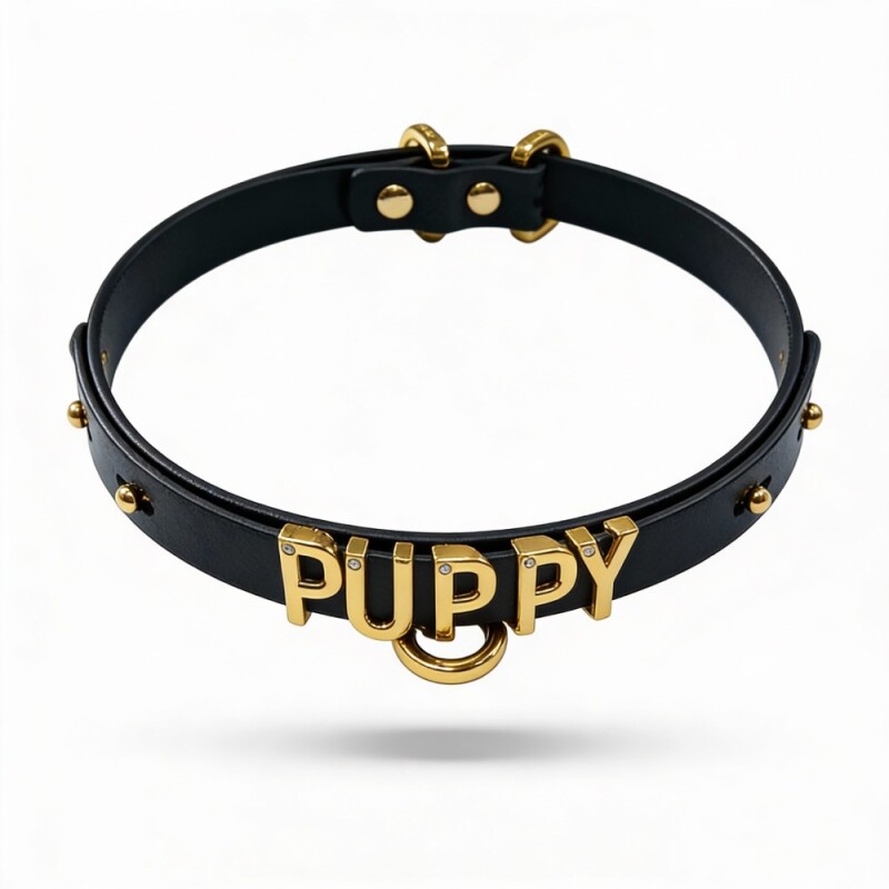 Чокер з написом PUPPY від UPKO з італійської шкіри, чорний з золотою фурнітурою - Изображение 3