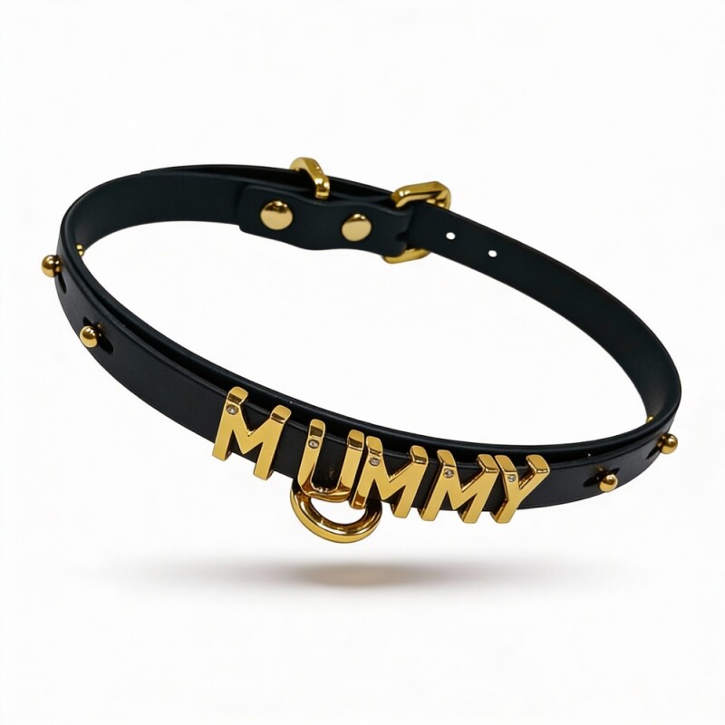 Чокер з написом MUMMY від UPKO з італійської шкіри, чорний з золотою фурнітурою - Зображення 3