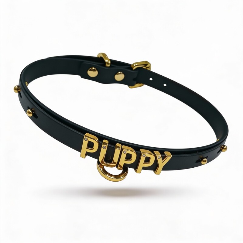 Чокер з написом PUPPY від UPKO з італійської шкіри, чорний з золотою фурнітурою - Изображение 4