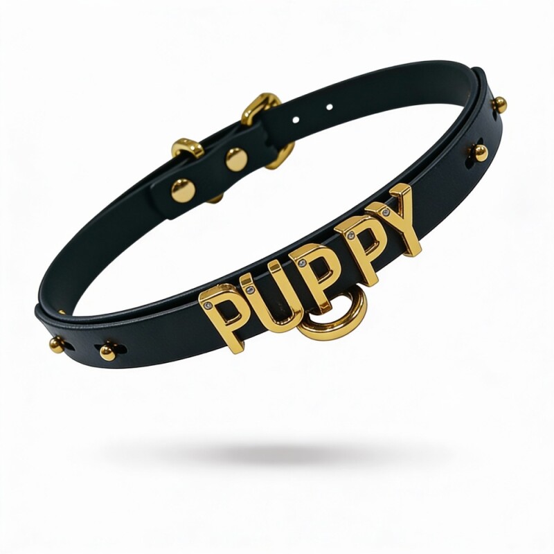 Чокер з написом PUPPY від UPKO з італійської шкіри, чорний з золотою фурнітурою - Изображение 5