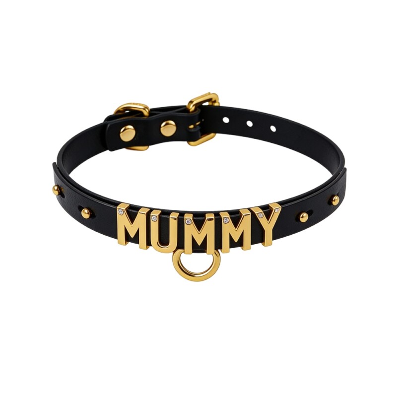 Чокер з написом MUMMY від UPKO з італійської шкіри, чорний з золотою фурнітурою - Зображення 1